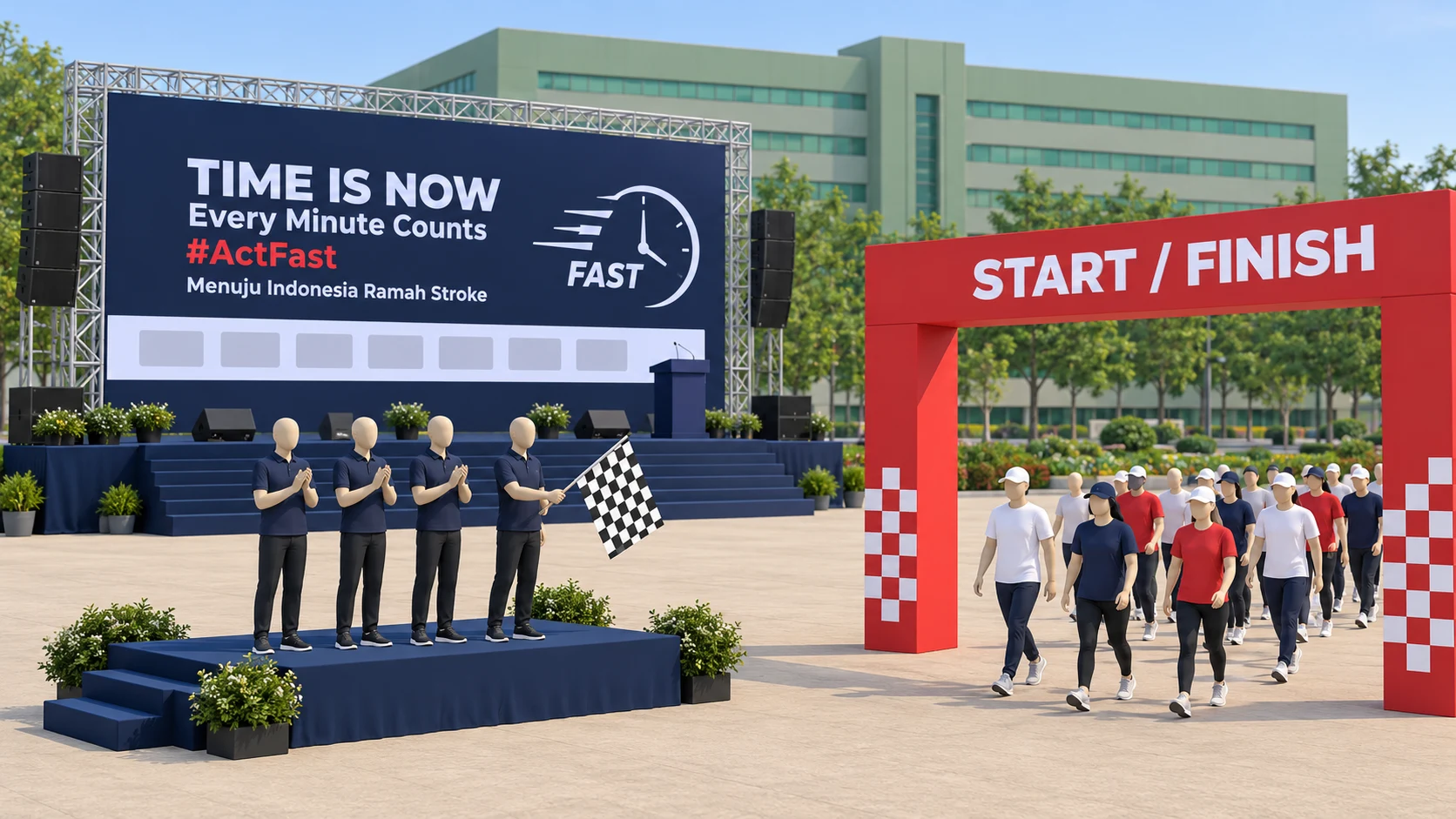 Model flag off dengan podium pejabat dan gerbang merah