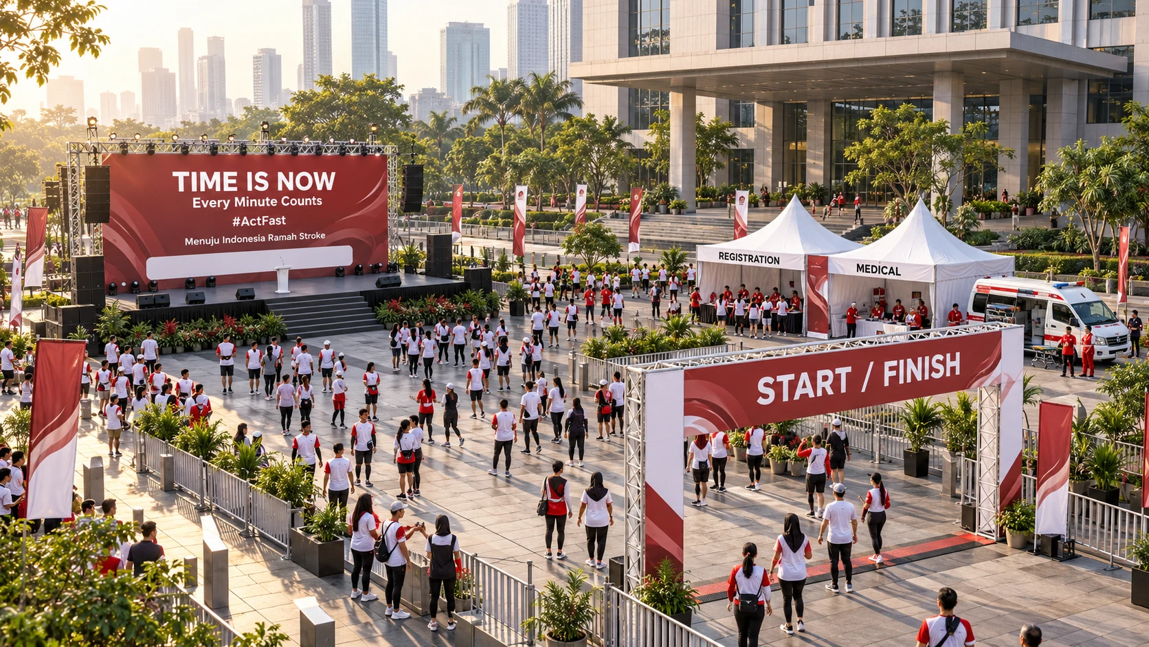 Ilustrasi konsep area Fun Walk, panggung dan gerbang start finish di Jakarta